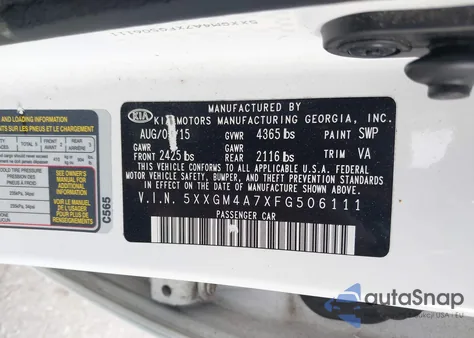 2015 Kia Optima Lx z USA, uszkodzony, nr VIN 5XXGM4A7XFG506111